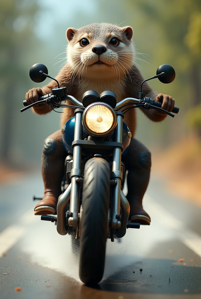 An aquatic animal Otter, riding a motorcycle giving grade, the sport known as grade, front tire in the air