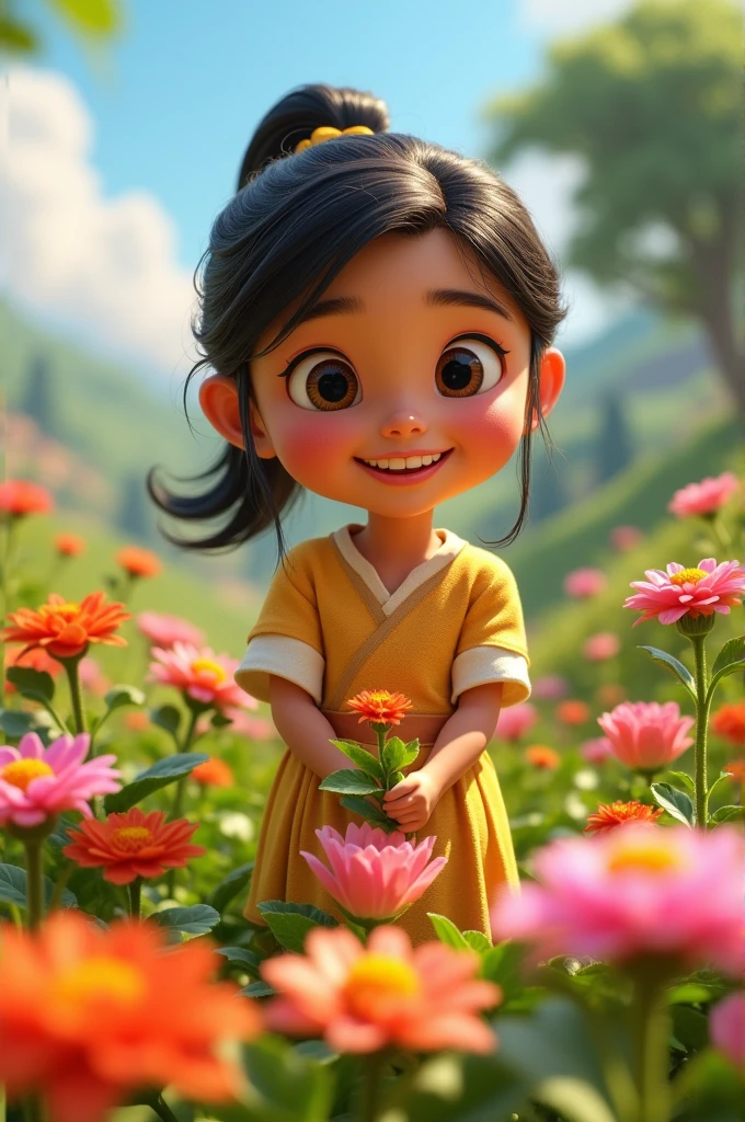 In cinematic 3d cartoon style "Mira in Her Garden**  
   A young girl, Mira, playing and tending to her vibrant flower garden. She is wearing a simple, traditional dress and has a joyful expression on her face"