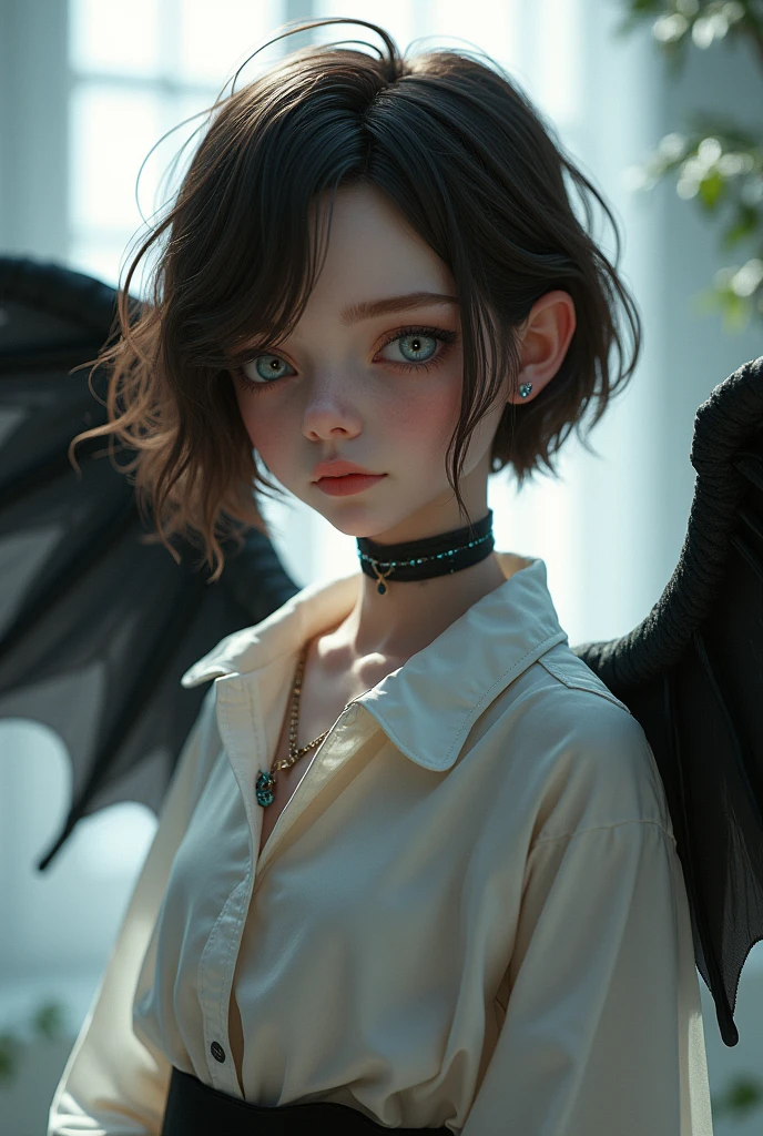 Young girl with brown short hair Mullet male asymmetrical haircut. with open ears, deathly pale skin, white gothic vampire shirt, black loose wings, cool pose wonder model, perfect dentle face,  light Fantasy effect. crystals on the rings.