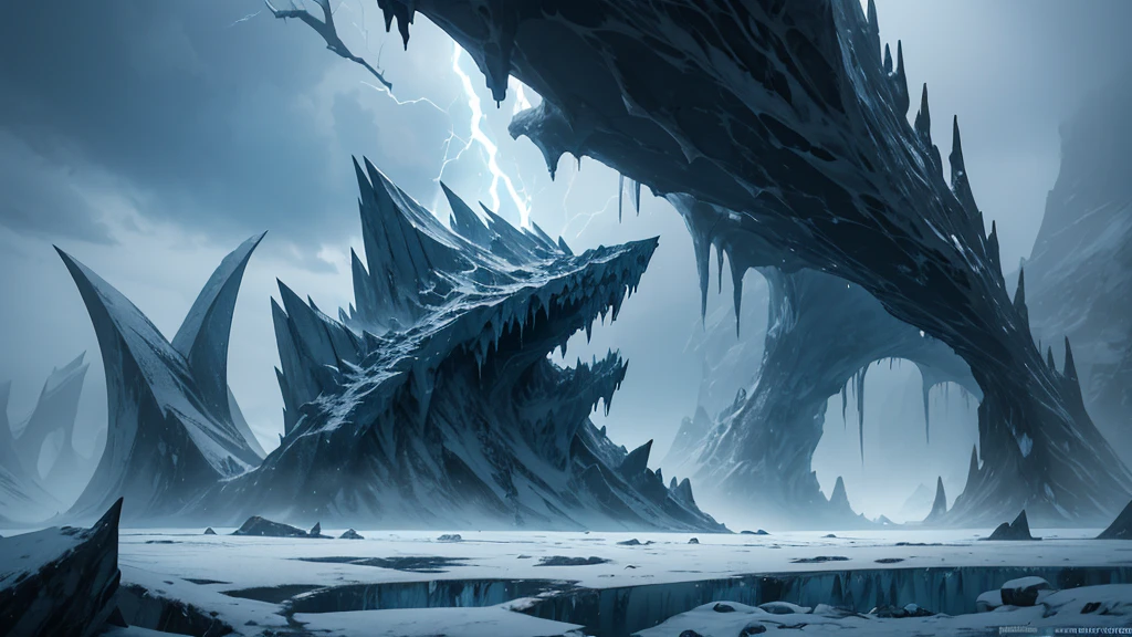 Visualize an endless, frozen wasteland under a pale, sickly sun. The icy terrain is punctuated by jagged, dark ice formations that resemble twisted, malevolent sculptures. The sky is overcast with swirling, dark clouds, and the occasional crackle of frost-rimed lightning hints at the realm’s hidden dangers.