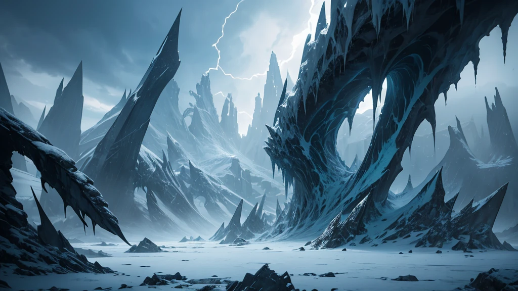 Visualize an endless, frozen wasteland under a pale, sickly sun. The icy terrain is punctuated by jagged, dark ice formations that resemble twisted, malevolent sculptures. The sky is overcast with swirling, dark clouds, and the occasional crackle of frost-rimed lightning hints at the realm’s hidden dangers.
