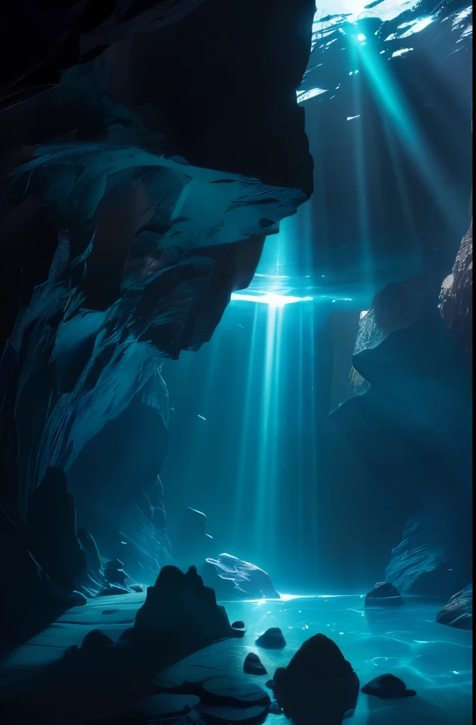 a cave with a light shining through the water, underwater light rays, (((underwater lights))), underwater ocean, underwater glow, underwater looking up, under water scenery, light rays from the surface, underwater view, underwater scene, deep underwater, deep sea landscape, rays of light, amazing light, underwater perspective, underwater scenery, beautiful light rays, deep underwater scene