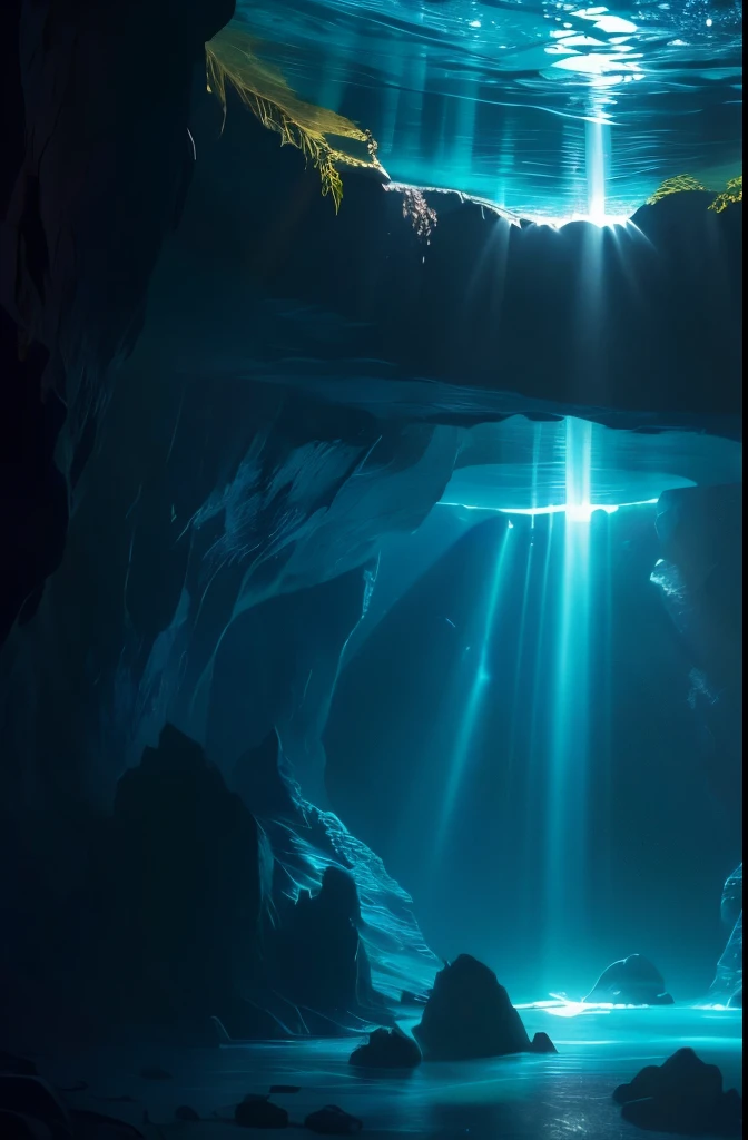 a cave with a light shining through the water, underwater light rays, (((underwater lights))), underwater ocean, underwater glow, underwater looking up, under water scenery, light rays from the surface, underwater view, underwater scene, deep underwater, deep sea landscape, rays of light, amazing light, underwater perspective, underwater scenery, beautiful light rays, deep underwater scene