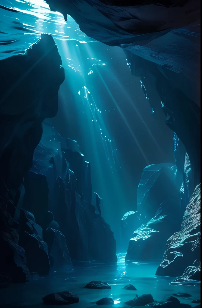 a cave with a light shining through the water, underwater light rays, (((underwater lights))), underwater ocean, underwater glow, underwater looking up, under water scenery, light rays from the surface, underwater view, underwater scene, deep underwater, deep sea landscape, rays of light, amazing light, underwater perspective, underwater scenery, beautiful light rays, deep underwater scene