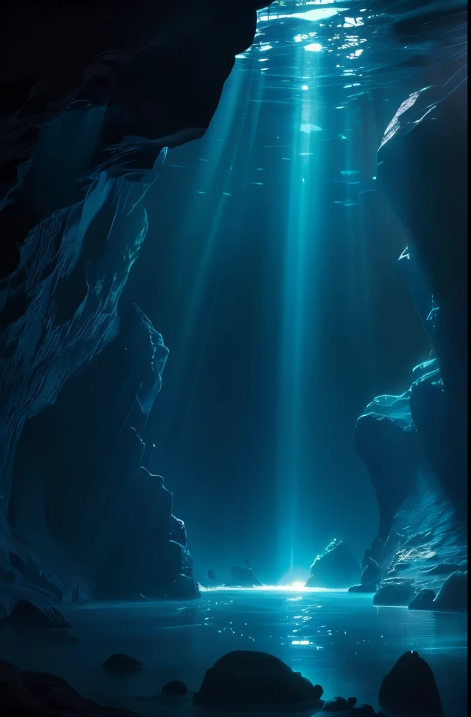a cave with a light shining through the water, underwater light rays, (((underwater lights))), underwater ocean, underwater glow, underwater looking up, under water scenery, light rays from the surface, underwater view, underwater scene, deep underwater, deep sea landscape, rays of light, amazing light, underwater perspective, underwater scenery, beautiful light rays, deep underwater scene