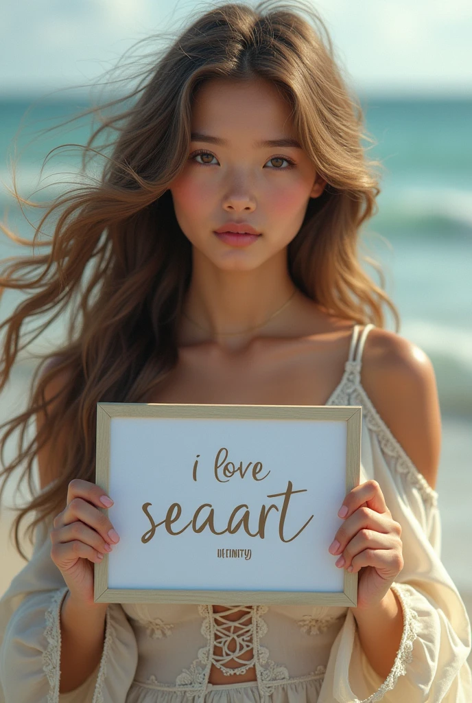 Beautiful girl with wavy long hair, bohemian dress, holding a white board with text "I Love Seaart Infinity" and showing it to the viewer