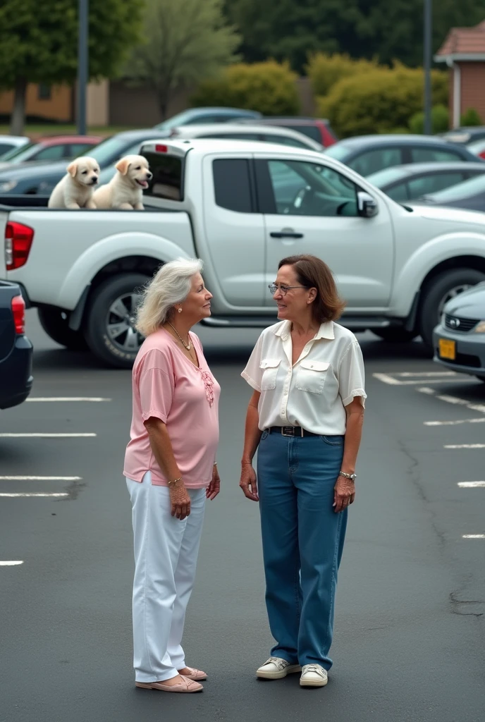 A realistic satellite image of a parking lot with 2 white women, one of them an old woman wearing a pink blouse and white pants and the other a 35-year-old woman wearing a white blouse and blue pants., They are talking and behind them there is a white Nissan Pkup type truck with 3 white puppies