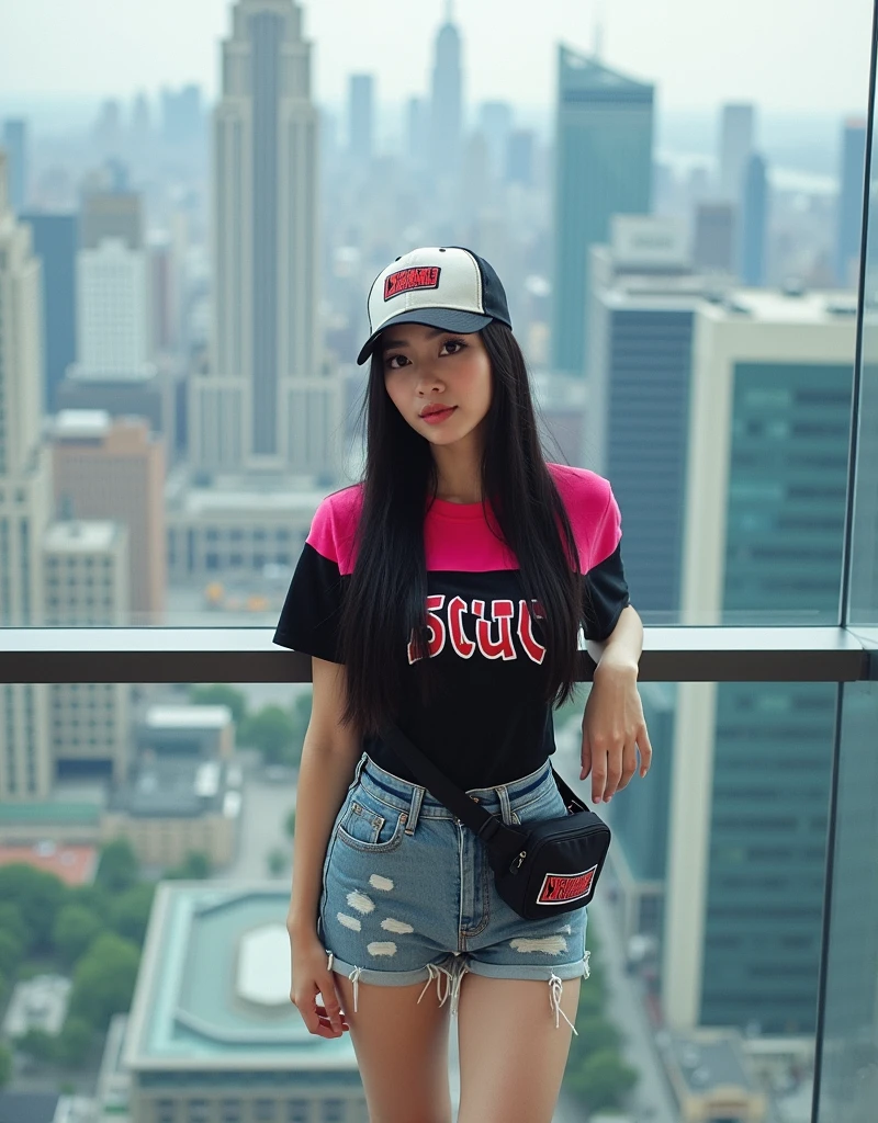 (full body shot:1) photorealistic image of a woman, ultrarealistic, photography, straight long black hair, asian woman, beautiful cute sexy asian 20 years old woman, hourglass figure, perfect body, Flirty look, natural big breasts, long eyelashes, cat eye make-up, double eyelids, sexy pose, erotic pose, seductive pose, big breasts,  big tits , she wears a black and pink top, shorts, baseball hat, fannypack , sneakers,  skyscrapers , big view