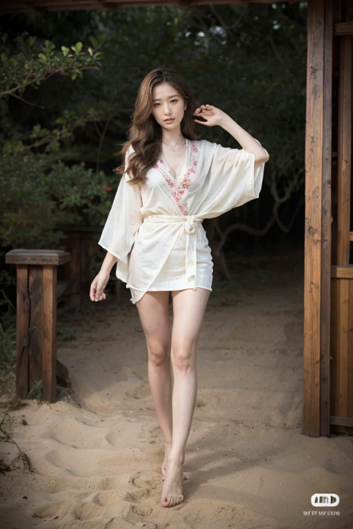 best quality, 原始photography, there is nothing, A girl, Embroidered kimono, Sandy blond hair, necklace, Jewelry, Pretty Face, Full body portrait, Long legs,(Reality:1.3), Dark Studio,Natural light, (HD Skin: 1.2), 8K UHD, Digital SLR Camera, Soft lighting, high quality, Volumetric Lighting, frank, photography, high resolution, 4K, 8K, Bokeh,