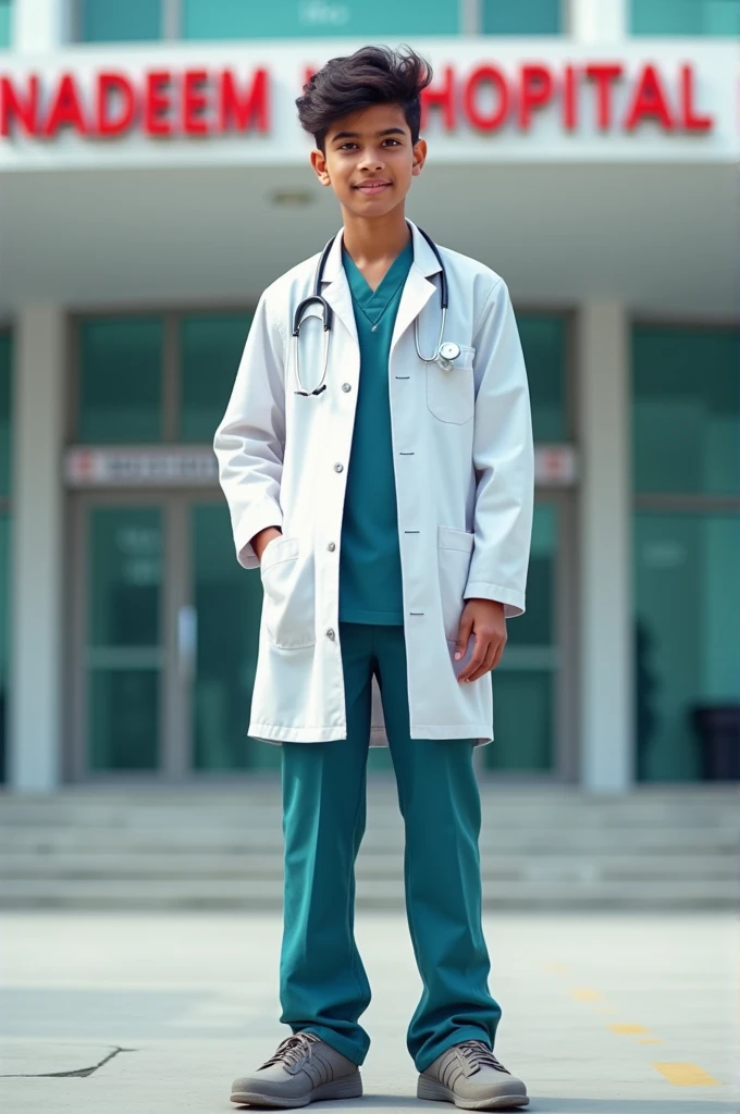 17 year old Indian boy wearing normal doctor student dress posing for name Nadeem hospital in background