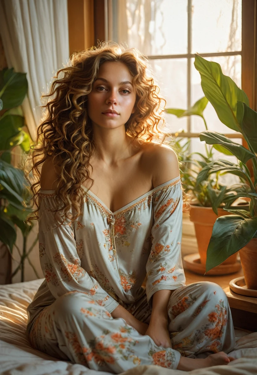 (photorealism:1.2), beautiful Russian woman, sitting on bed, wearing loose off-shoulder top, pajama pants, long curly hair, indoors, soft lighting, plants in background, window with sunlight, cozy room, relaxed pose, realistic, intricate details, warm colors, by Greg Rutkowski, by Alphonse Mucha