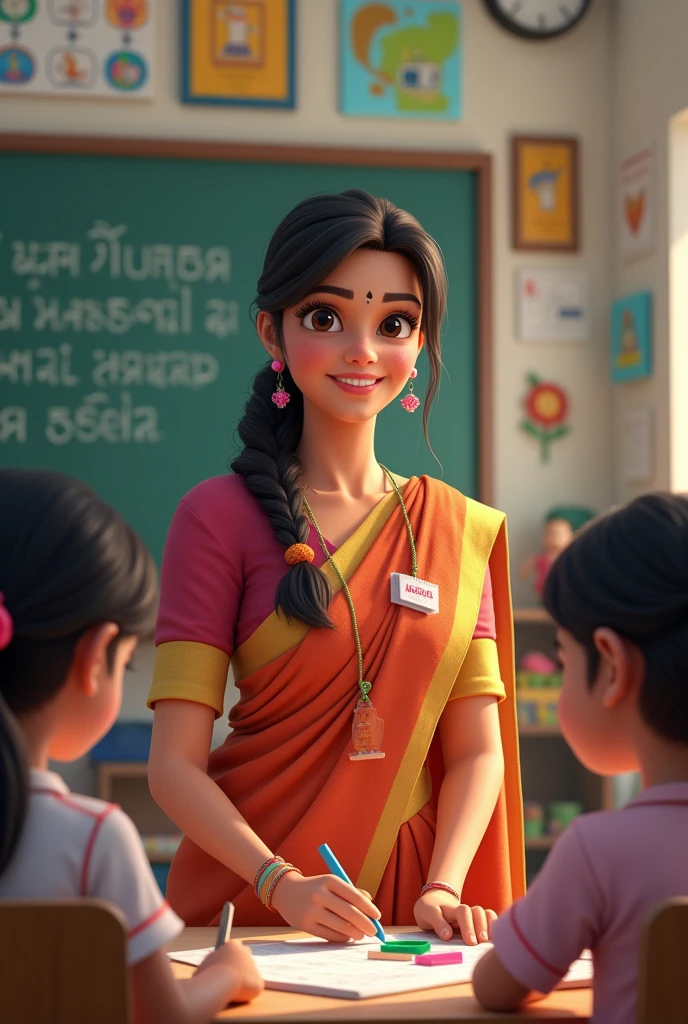 A 40 year old teacher wearing saree in classroom with nursery kids and Her name Anjali written on her I card and Gayatri Memorial Public School written on her background