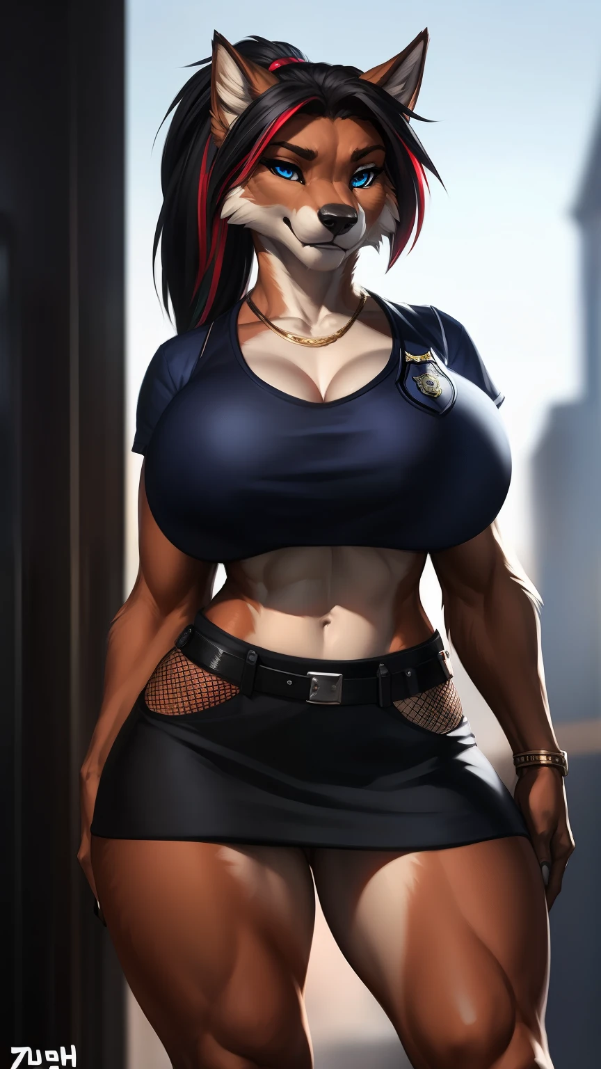 Draft Sketch (nsfw)))), uploaded the e621, beautiful and detailed,woman (((female))) ((anthro)) werewolf, Ross Tran, by ruan jia, by zaush, by foxovh, lighting cinematic, seductor, werewolf, thighighs, (huge chest) foxovh 1girls ai_generated masterpiece:1.2, best quality, realistic, (real picture, intricate details, depth of field), beautiful blonde woman, she has striking blue eyes, highly-detailed, perfect face, (huge breasts:1.3), (skindentation), thick thighs, wide hips, small waist, tall, (huge ass:1.1), blushing, sexy, wearing tight slim tiny erotic police red dress, nsfw ponytail hair, hair black with highlights red, ponytail fishnet red in bouth legs completly (police t-shirt) (police-mini-skirt) (police-bra) (logo-police-clothes)