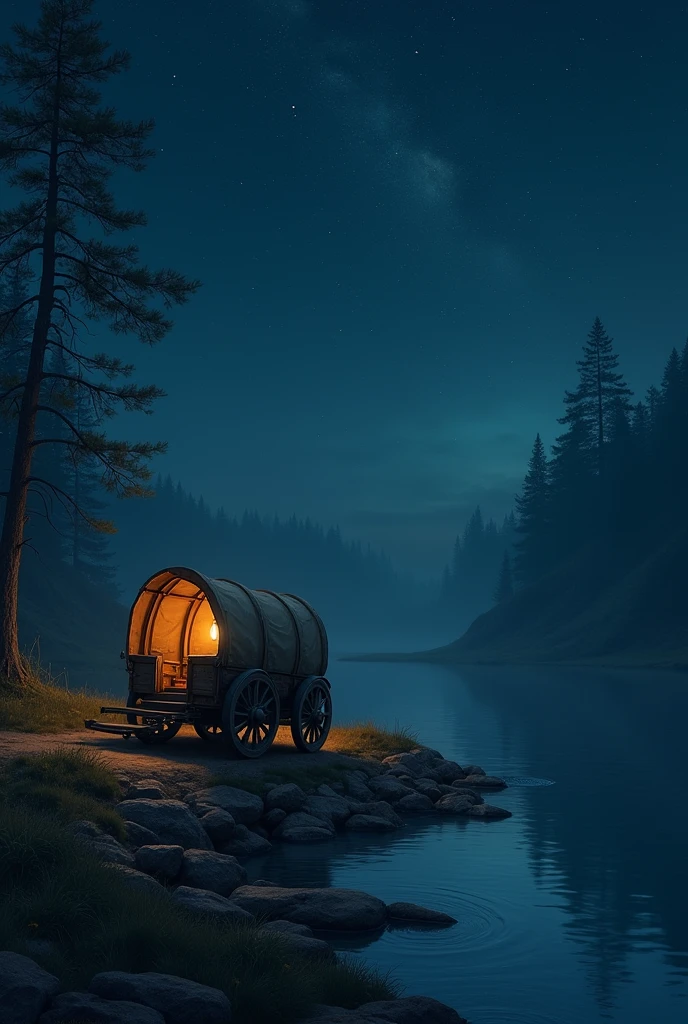 river, night, cart,
