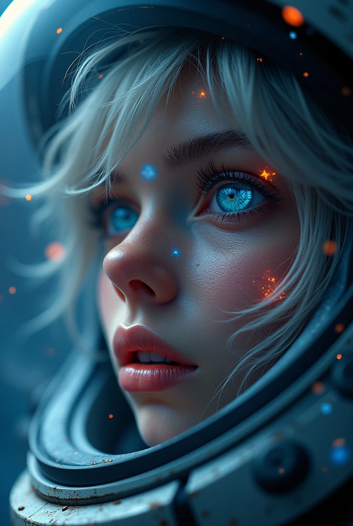 (Close-up of a better masterpiece:1.5)0.9], (Space and astronauts:1.2) (Messy silver hair:1.1) (Heterochromia xanthochromia and blue eyes:1.2) (Space Helmet:1.0) (Colored stars in the eyes:1.0) (A radiant glow:1.1) (thick lips:0.9)