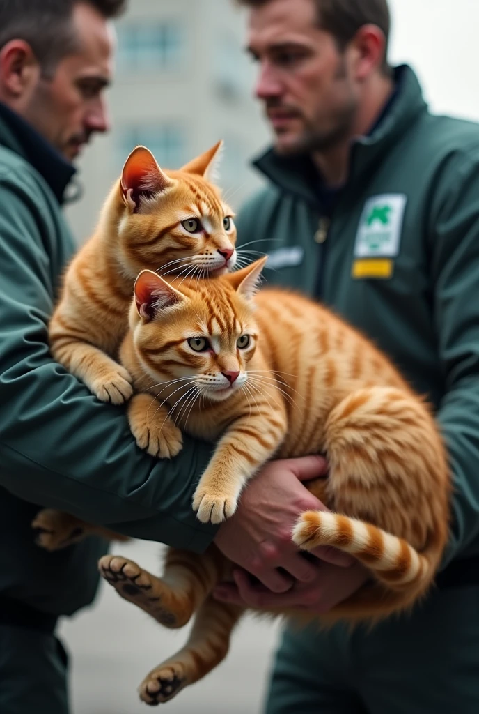  A rescue team arrives, carefully lifting the injured two orange hair cats one big and her baby and transporting them to an awaiting ambulance, heading towards the hospital."