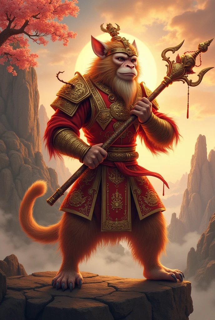 Hyper realistic depiction of the Monkey King from 'Journey to the West'. The Monkey King has a regal yet mischievous appearance with a muscular build and rich golden-brown fur. He wears a golden headband that glows faintly and is dressed in traditional Chinese warrior armor, with intricate red and gold designs. He is standing confidently, holding his signature weapon, the Ruyi Jingu Bang, a magical extendable staff, across his shoulders. His tail is curled, and his expression is a blend of cunning and bravery. The background features a mythical mountain scene with swirling clouds and a vibrant sky at sunrise, with ancient, weathered rocks and mystical peach trees with glowing fruits symbolizing his immortality