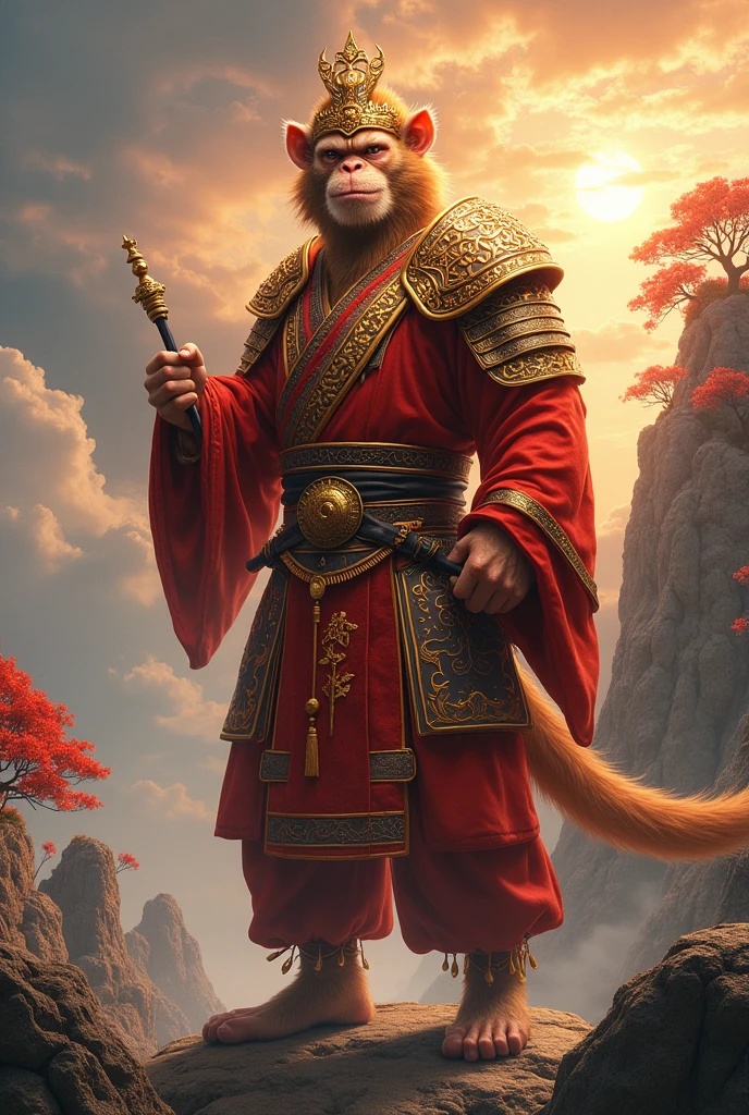 Hyper realistic depiction of the Monkey King from 'Journey to the West'. The Monkey King has a regal yet mischievous appearance with a muscular build and rich golden-brown fur. He wears a golden headband that glows faintly and is dressed in traditional Chinese warrior armor, with intricate red and gold designs. He is standing confidently, holding his signature weapon, the Ruyi Jingu Bang, a magical extendable staff, across his shoulders. His tail is curled, and his expression is a blend of cunning and bravery. The background features a mythical mountain scene with swirling clouds and a vibrant sky at sunrise, with ancient, weathered rocks and mystical peach trees with glowing fruits symbolizing his immortality