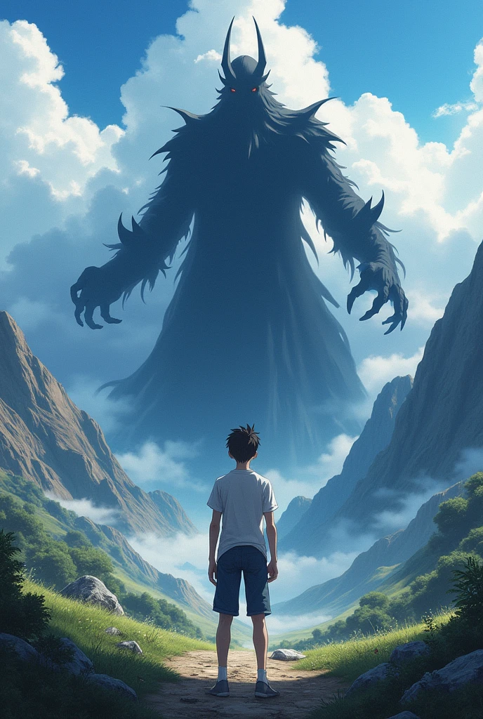 A anime boy who standing with a black entity in front of hills in the center of mountain. Highly detailed, backside view , white shrit.