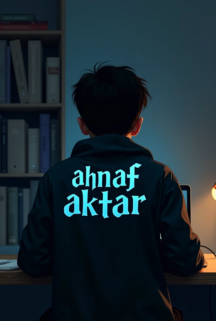 Create imagine of a 14-year-old boy working on a laptop, viewed from behind, wearing a jacket with the text "Ahnaf Aktar" written in a style inspired by the Harry Potter font. The environment is dark, with a clean room and books on a shelf.the picture should be from the back the text should be in back 