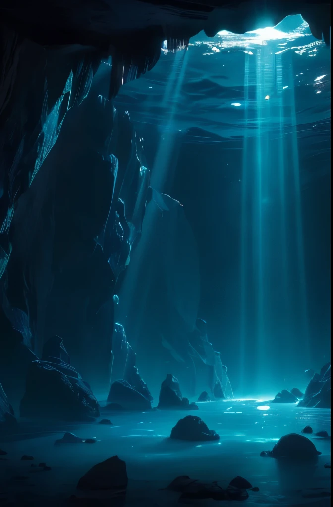 a cave with a light shining through the water, underwater light rays, (((underwater lights))), underwater ocean, underwater glow, underwater looking up, under water scenery, light rays from the surface, underwater view, underwater scene, deep underwater, deep sea landscape, rays of light, amazing light, underwater perspective, underwater scenery, beautiful light rays, deep underwater scene