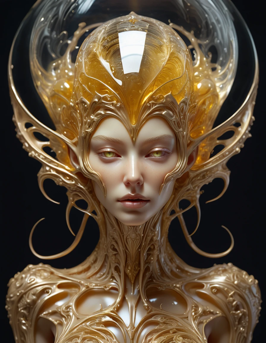 photo, 8k ((surreal)) alien jello sculpture sitiontatue, intricate, elegant, highly detailed, majestic, digital photography, art by artgerm and ruan jia and greg rutkowski surreal painting gold and siver  filigree, broken glass, (masterpiece, sidelighting, hdr, realistic, high defin