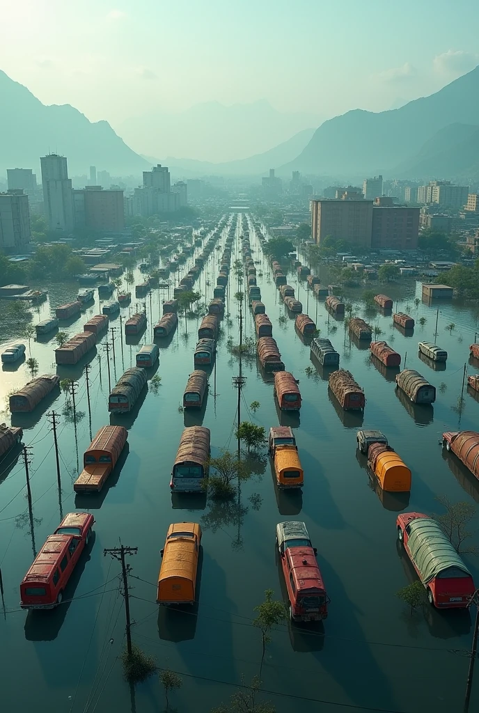 Create an aerial view of a vast flooded city with buildings and mountains in the distance. The foreground is filled with countless vehicles and tents arranged in a grid pattern, forming large letters that spell out as "PRAY FOR TRIPURA". The scene should convey a sense of urgency and focus, with the letters made up of the vehicles, tents and buildings standing out prominently against the flooded background.
