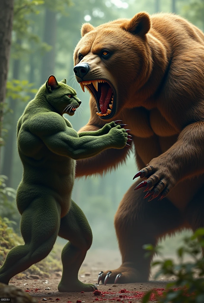 A green realistic muscular bodybuilder daddy cat fight with realistic brown bid bear big mouth and sharp theeth. Both bleeding on face background forest visible seen. pictures look like original and not blurred and 4k results.