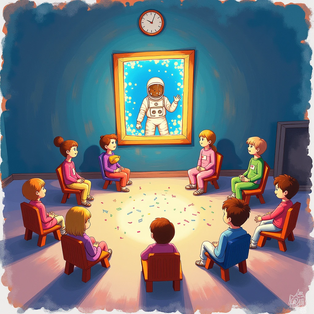 Child's drawing of a glowing frame of astronauts with notes and a circle of chairs with individual children's chairs