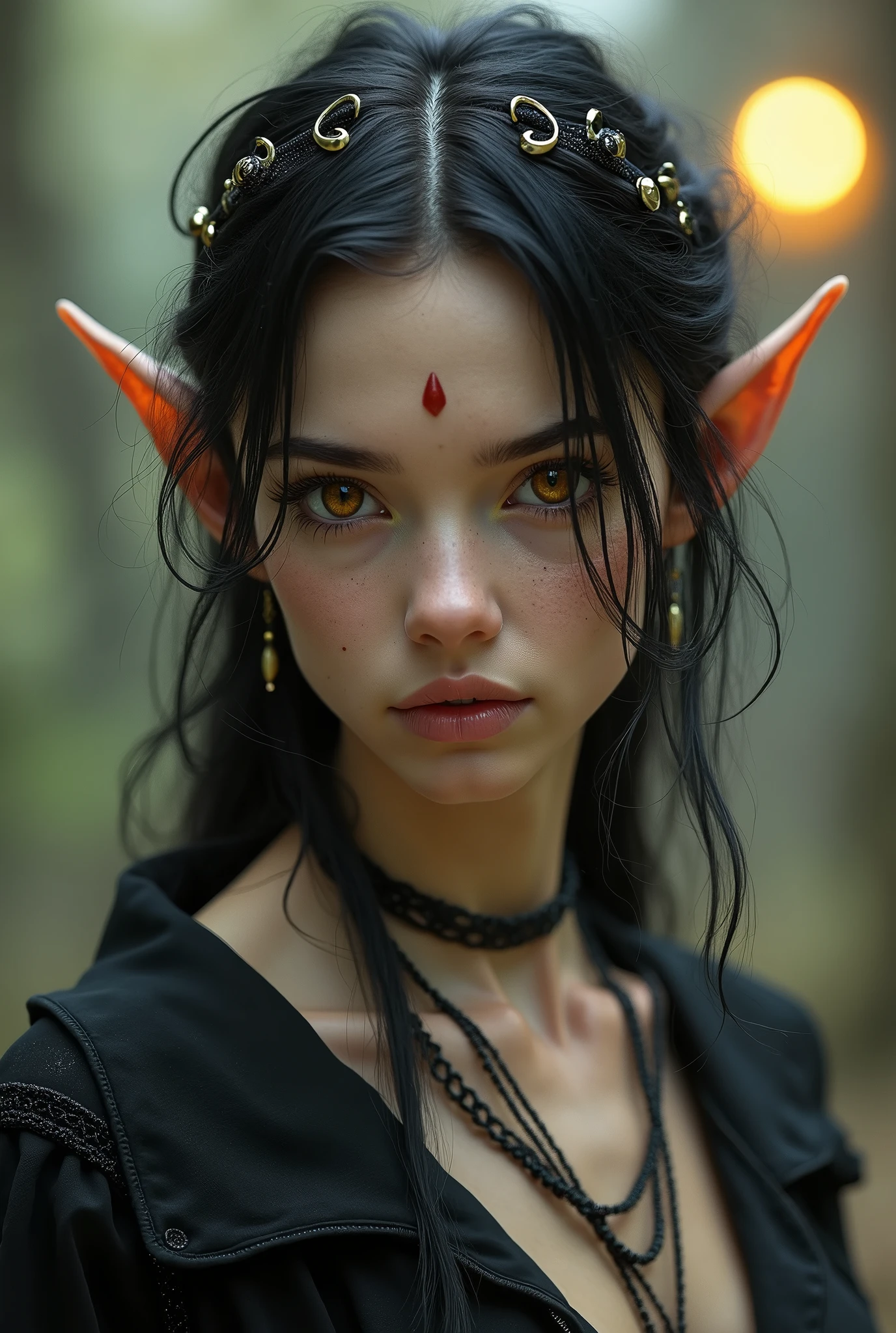 25 year old gender androgenous elf that's from 1918 with black hair streaked with white and rust colored eyes