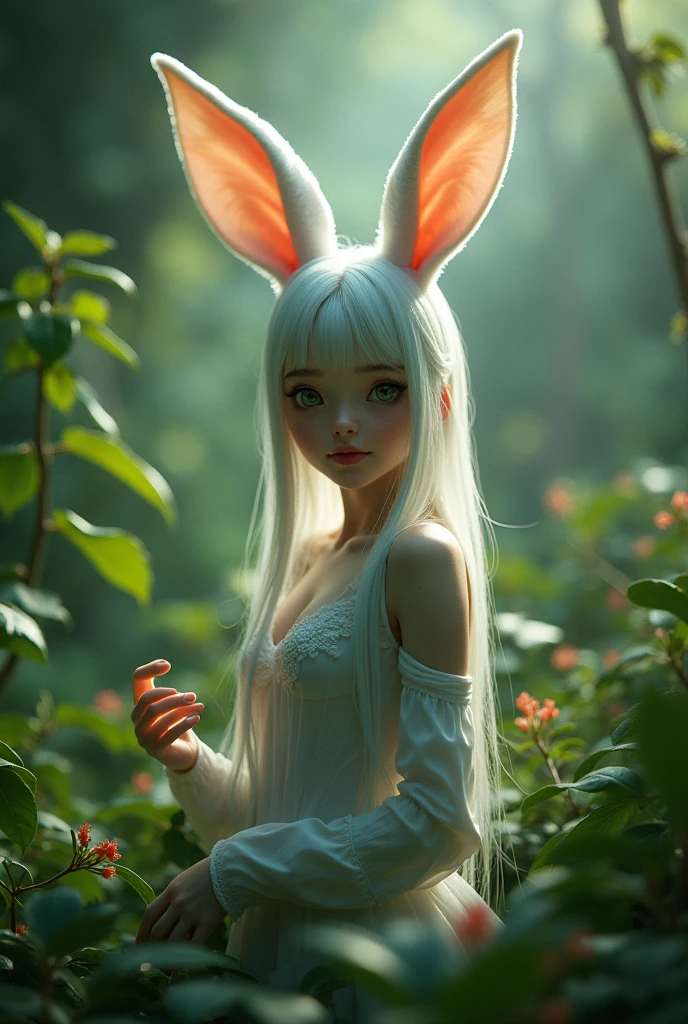 (masterpiece), Realistic, Cinematic Light,Made with fresh plants,the scene's lighting highlights the girl's features、adding depth to the overall composition。. The Cinematic Light casts intriguing shadows, Rabbit woman、giving the image a dramatic atmosphere.Bunny girl