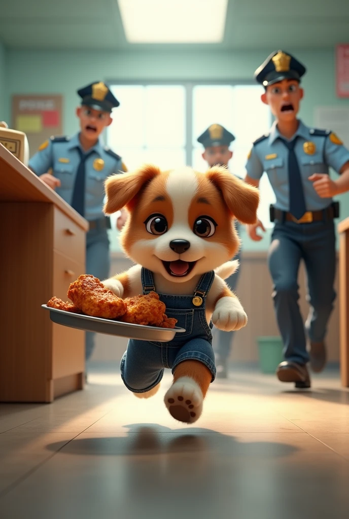 { "prompt": "1. A brown and white puppy in denim overalls runs through a police station holding a tray of grilled chicken.. Police officers and vendors chase 3 puppies. A desk, a filing cabinet, and a uniform serve as a backdrop. 4. Wind and motion blur show speed 5. Police officers and vendors shouted at the puppy to stop.", "aspect_ratio": "9:16" } ```