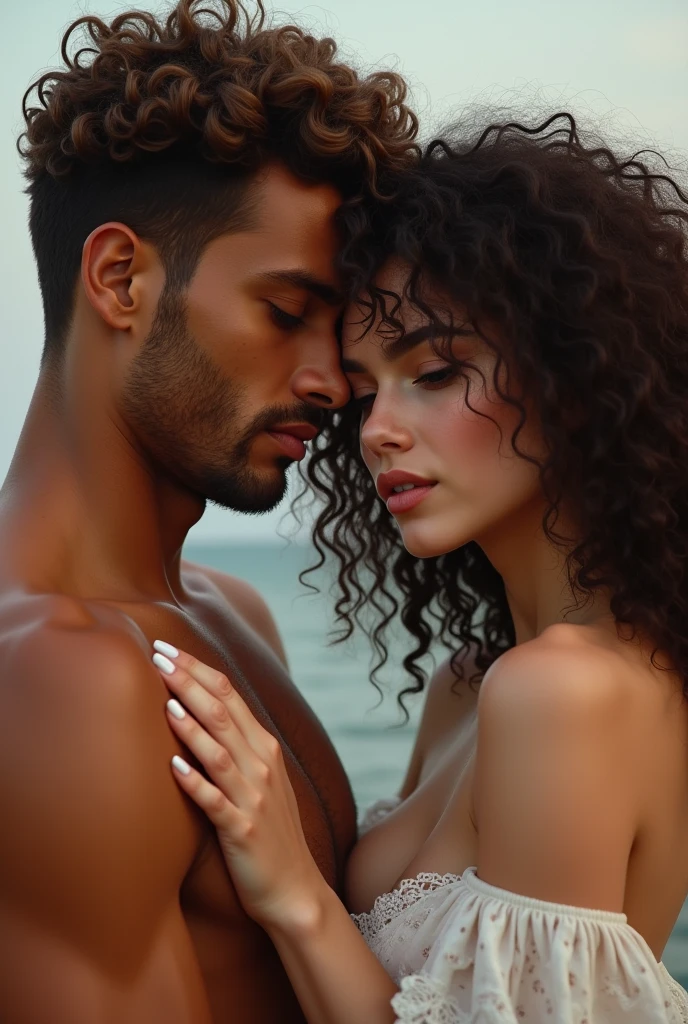 A Brazilian couple with short curly brown hair and brown skin, and the girl of the couple with curly brunette hair and snow-white skin 