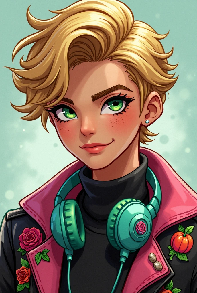 Imagem do filho da Briar Beauty e da Ashlynn Ella de Ever After High: LnF , a teenage boy with golden hair, light brown skin with freckles, greeneyes, aqua green headphone around the neck, black clothes with dark pink and water green and elements of roses and pumpkins on the clothes