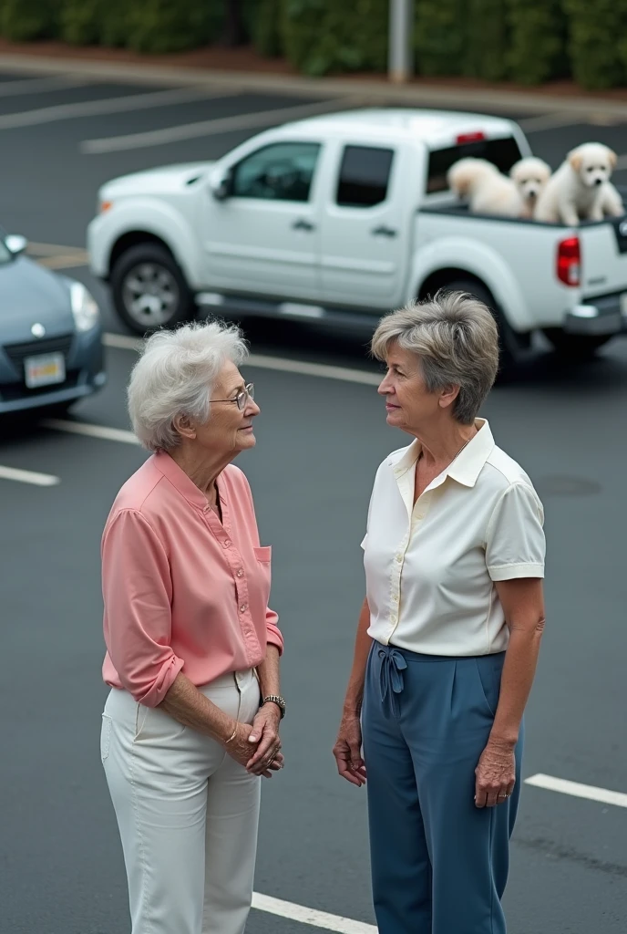 A realistic satellite image of a parking lot with 2 white women, one of them an old woman wearing a pink blouse and white pants and the other a 35-year-old woman wearing a white blouse and blue pants., They are talking and behind them there is a white Nissan Pkup type truck with 3 white puppies