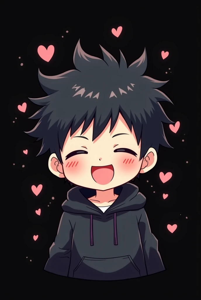 Blank black background , Anime boy involved , Spiky hair , black hair , black hoodie , eyes closed , happy , heart bubbles , blush , chibi