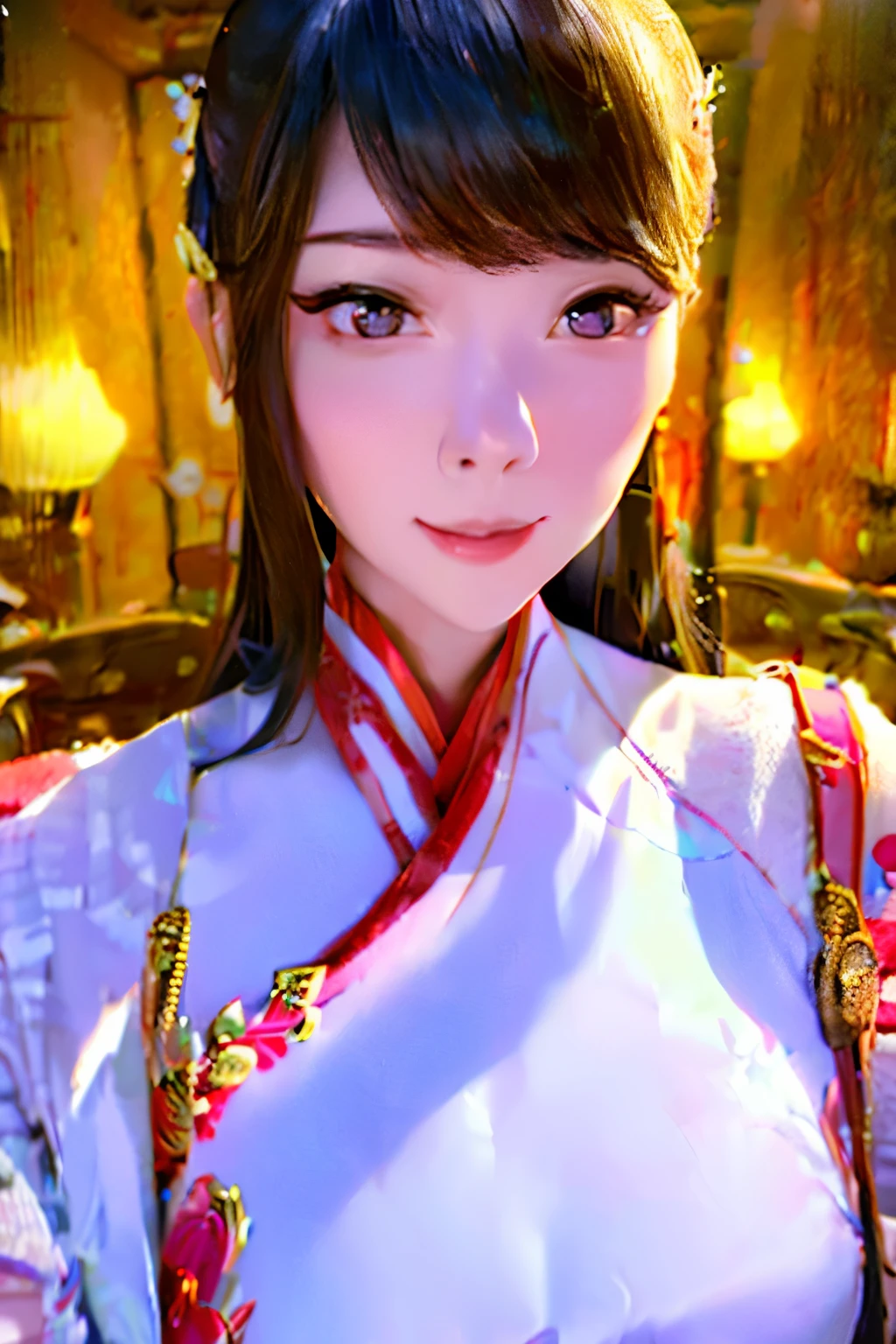 1 mature woman with black hair gathered at the back, beautiful Chinese woman, elegant beauty, elderly woman, China, ancient China, Ming dynasty, woman wearing white clothes, traditional Chinese costume, black eyes, almond-shaped eyes, gentle smile, best quality, 8k, highres, masterpiece:1.2, ultra-detailed, realistic, photorealistic:1.37, HDR, UHD, studio lighting, ultra-fine painting, sharp focus, physically-based rendering, extreme detail description, professional, vivid colors, bokeh, portraits, illustration, oil painting, 3D rendering