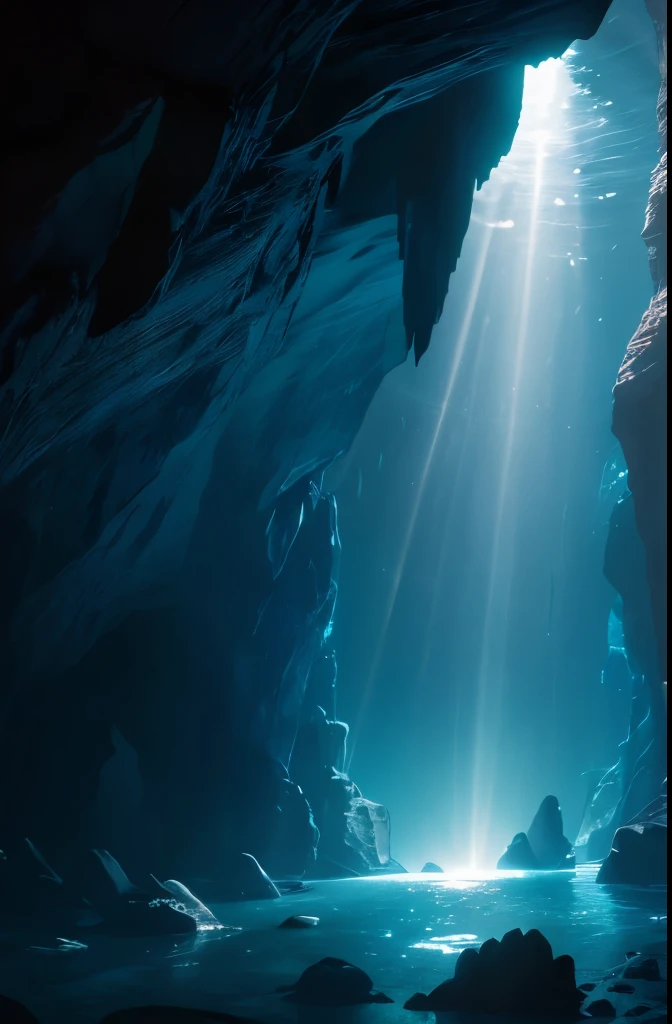 a cave with a light shining through the water, a cave painting by Carl Rahl, flickr, conceptual art, underwater light rays, (((underwater lights))), underwater ocean, underwater glow, underwater looking up, under water scenery, light rays from the surface, underwater view, underwater scene, deep underwater, deep sea landscape, rays of light, amazing light, underwater perspective