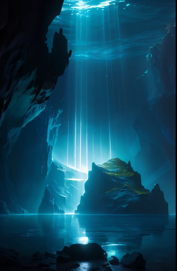 a cave with a light shining through the water, a cave painting by Carl Rahl, flickr, conceptual art, underwater light rays, (((underwater lights))), underwater ocean, underwater glow, underwater looking up, under water scenery, light rays from the surface, underwater view, underwater scene, deep underwater, deep sea landscape, rays of light, amazing light, underwater perspective