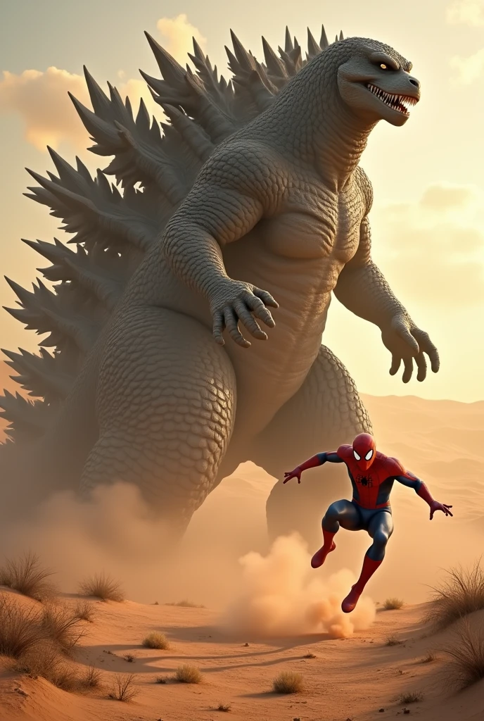 A large Godzilla chases Spider-Man and runs away in fear.in the desert