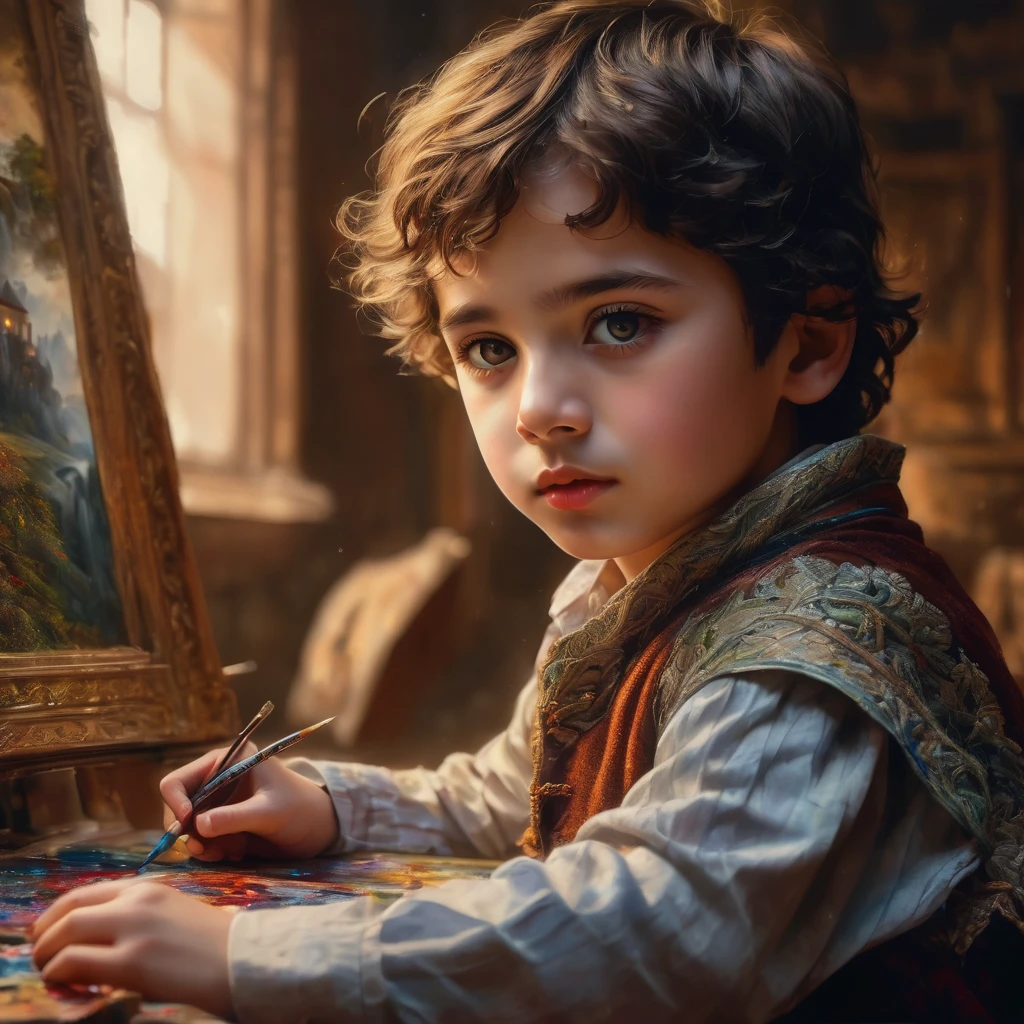 a boy painter, beautiful detailed eyes, beautiful detailed lips, extremely detailed face and portrait, long eyelashes, painting, oil painting, intricate details, photorealistic, cinematic lighting, dramatic lighting, volumetric lighting, chiaroscuro, vibrant colors, deep rich colors, masterpiece, best quality, 8k, hyperdetailed, photo-realistic, digital painting, concept art, cinematic, dramatic, moody atmosphere