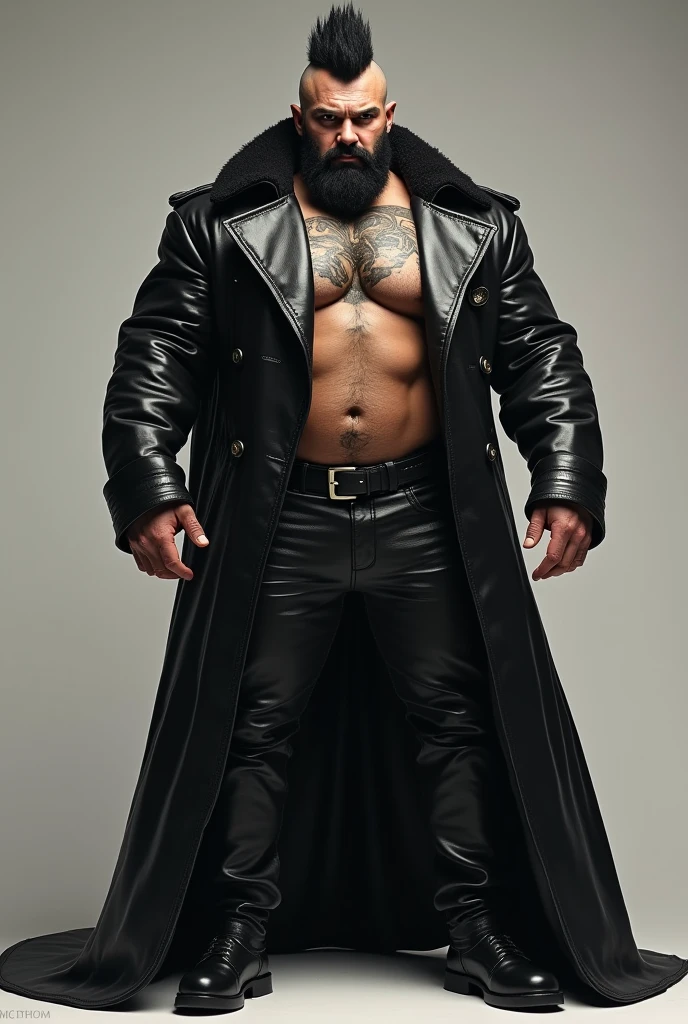 Create a 3/4 side view of a highly detailed image of a massive, muscular man exuding raw power and masculinity through a massive bulge in his pants, with clear, well-lit surroundings that fully reveal his imposing presence. He is clad in a long, striking leather coat, all made of black leather, no fur, with massive lapels and an extremely high collar turned up to conceal his entire head from the sides and back. The coat is the only garment he wears, leaving his strong, muscular body partially exposed. The man features a rugged, bearded face and a spiky black mohawk, enhancing his fierce and intimidating appearance. His broad, powerful chest is covered in thick, well-groomed hair, almost fur-like, and adorned with masculine tattoos that accentuate his rugged, primal look. The open coat reveals his sex, emphasizing his unapologetic and dominant masculinity.
He strikes a commanding pose, exuding an aura of strength and confidence, with the lighting set to fully illuminate every detail—his muscular physique, the texture of the leather coat, the prominent chest hair, and his intense, piercing gaze. The focus should be on the clear, sharp visual details that showcase the man's raw, intimidating power without heavy shadows obscuring any part of the image.