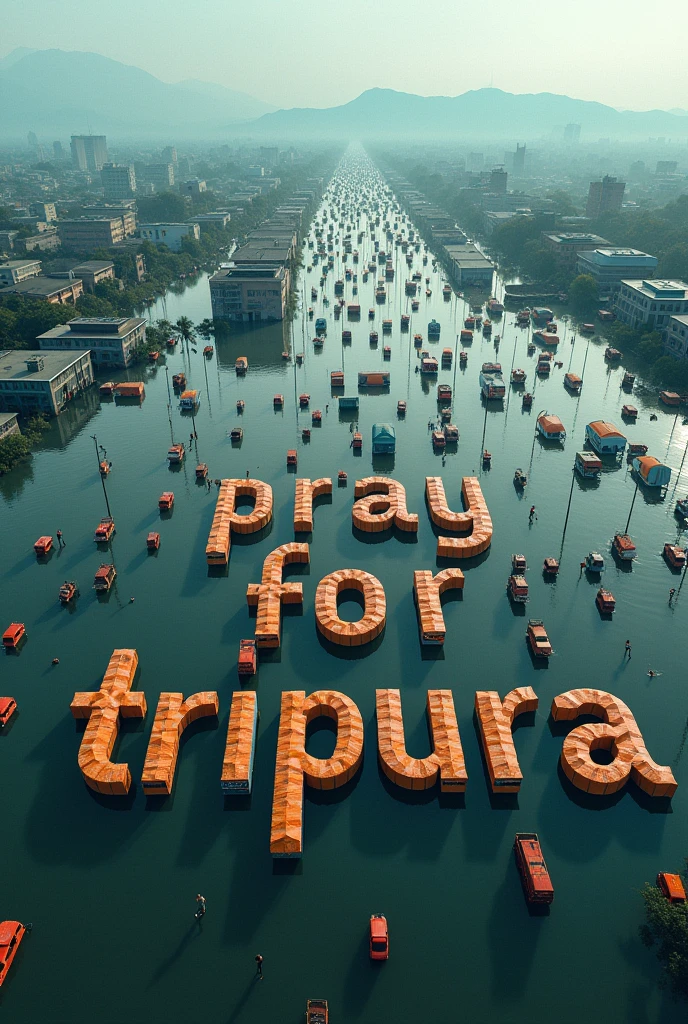 Create an aerial view of a vast flooded city with buildings and mountains in the distance. The foreground is filled with countless vehicles and tents arranged in a grid pattern, forming large letters that spell out as "PRAY FOR TRIPURA". The scene should convey a sense of urgency and focus, with the letters made up of the vehicles, tents and buildings standing out prominently against the flooded background.