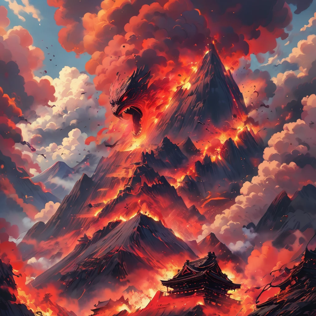 background、volcano、flying、red満月、red、Terrifying attack