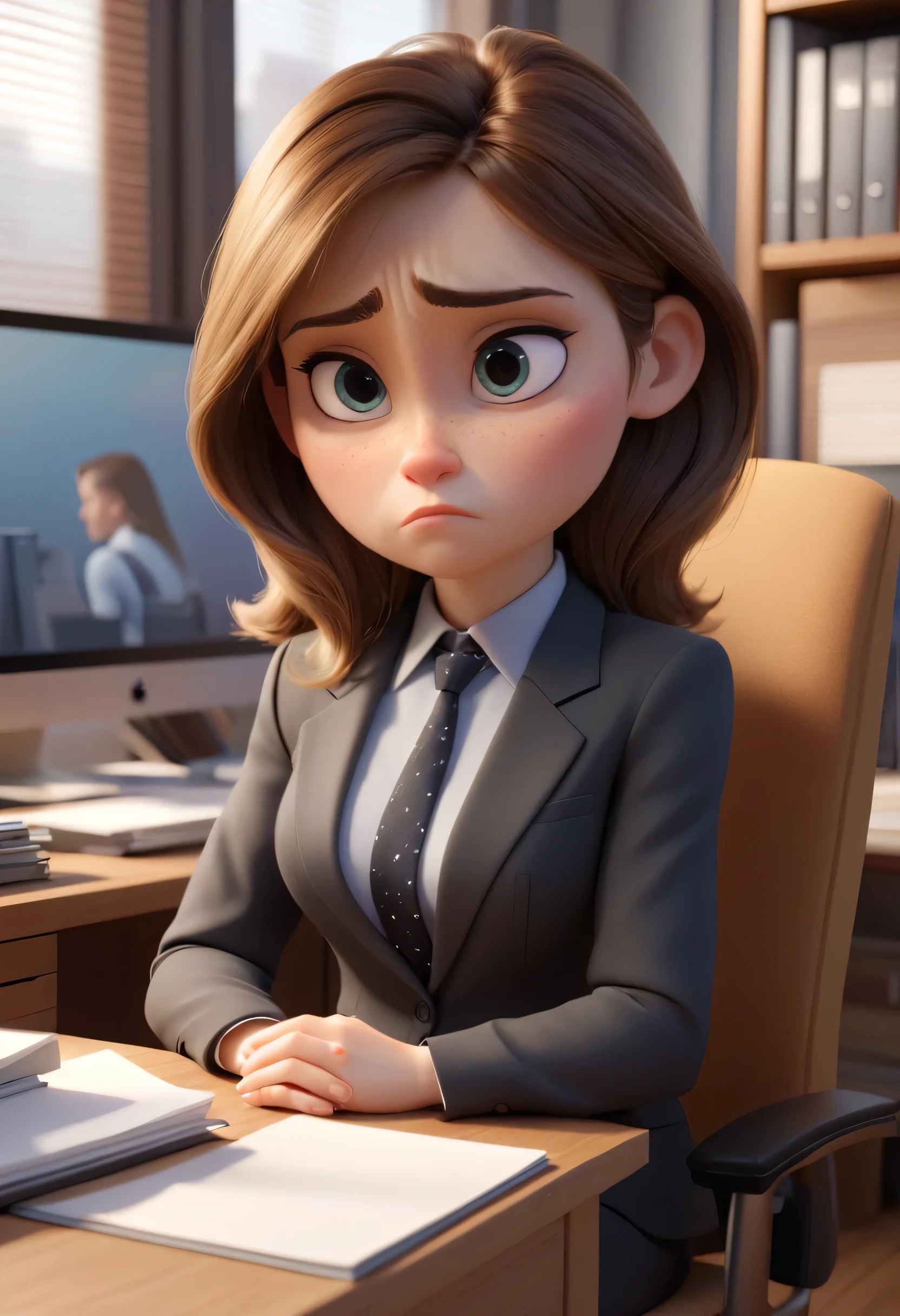 the  muscular and mature girl sitting in her office, she is sad, wearing a suite. Close up. High quality Pixar hyper realistic image. 4k