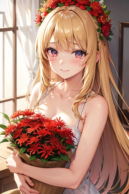 Marguerite Breuil,Red spider lily,beautiful,masterpiece, smile, Blonde, goddess,Bangs between the eyes, Blushing, tears, Hair Flower, Wearing a flower crown, 