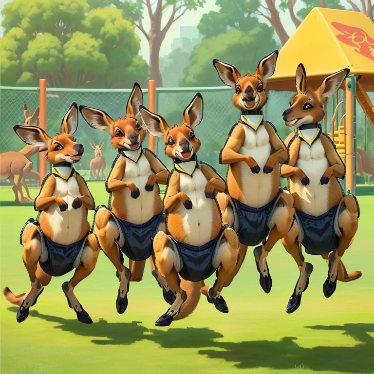 cartoon kangaroos jumping in the air in a park with a playground in the background, kangaroos, spy kangaroo, zootopia stile, subject : kangaroo, subject: kangaroo, kangaroo, slam dancing creatures, awesome, quadruped, official artwork, traditional art, many legs, tree kangaroo, 🐋 as 🐘 as 🤖 as 👽 as 🐳, by Dicky Doyle