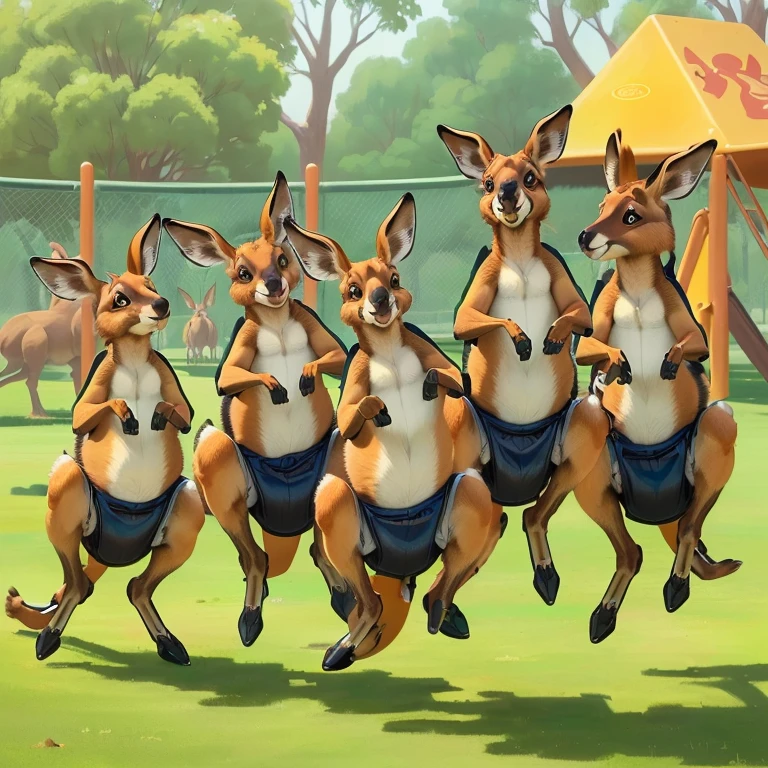 cartoon kangaroos jumping in the air in a park with a playground in the background, kangaroos, spy kangaroo, zootopia stile, subject : kangaroo, subject: kangaroo, kangaroo, slam dancing creatures, awesome, quadruped, official artwork, traditional art, many legs, tree kangaroo, 🐋 as 🐘 as 🤖 as 👽 as 🐳, by Dicky Doyle