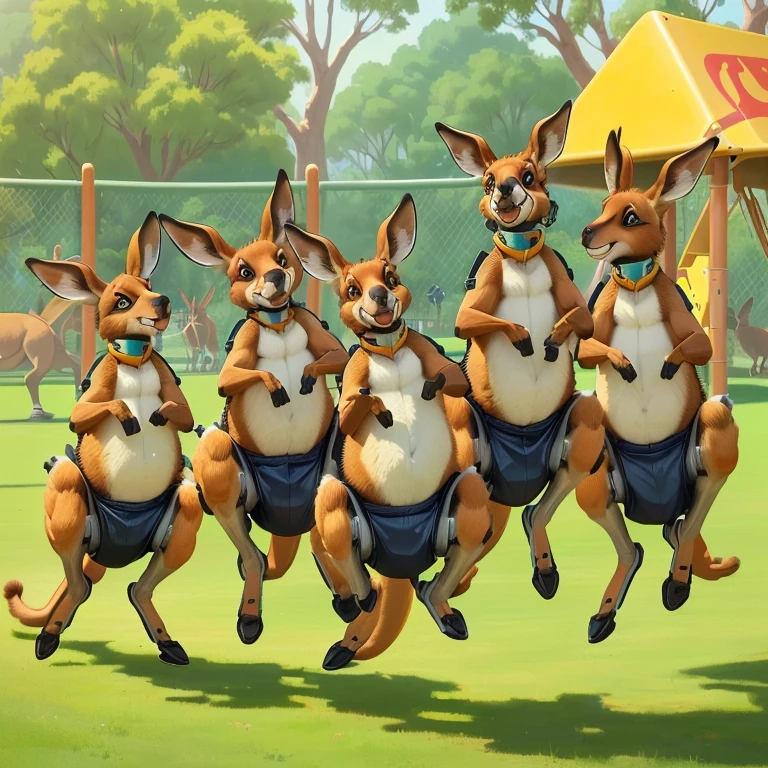 cartoon kangaroos jumping in the air in a park with a playground in the background, kangaroos, spy kangaroo, zootopia stile, subject : kangaroo, subject: kangaroo, kangaroo, slam dancing creatures, awesome, quadruped, official artwork, traditional art, many legs, tree kangaroo, 🐋 as 🐘 as 🤖 as 👽 as 🐳, by Dicky Doyle