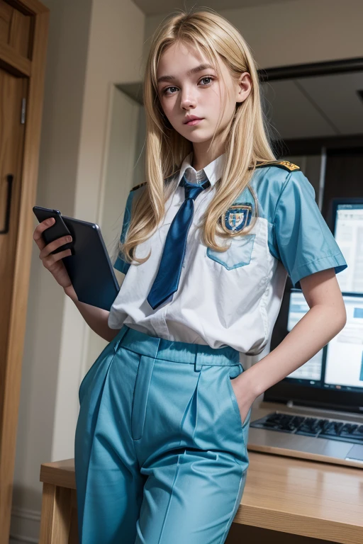 A white, blonde, brown-eyed teenager. With a blue uniform and long pants, entering school with a computer in hand
